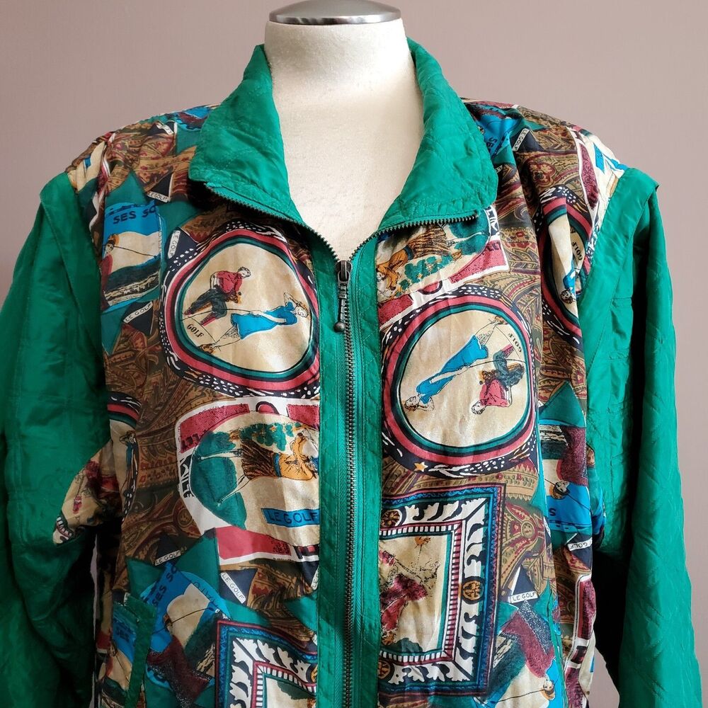 Mureli Silk Bomber Jacket Women Petite L Golf Theme Full Zip Granny 80s Vintage